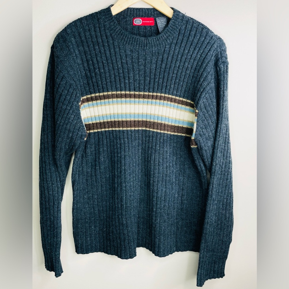 Whispering Smith Sweater Stripe Gray Beige Crewneck Men's Size Large Y2K Vintage